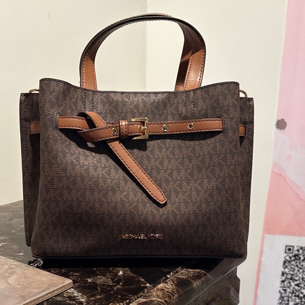 NWT Michael Kors Emilia Dark Brown Satchel with Tan Accents